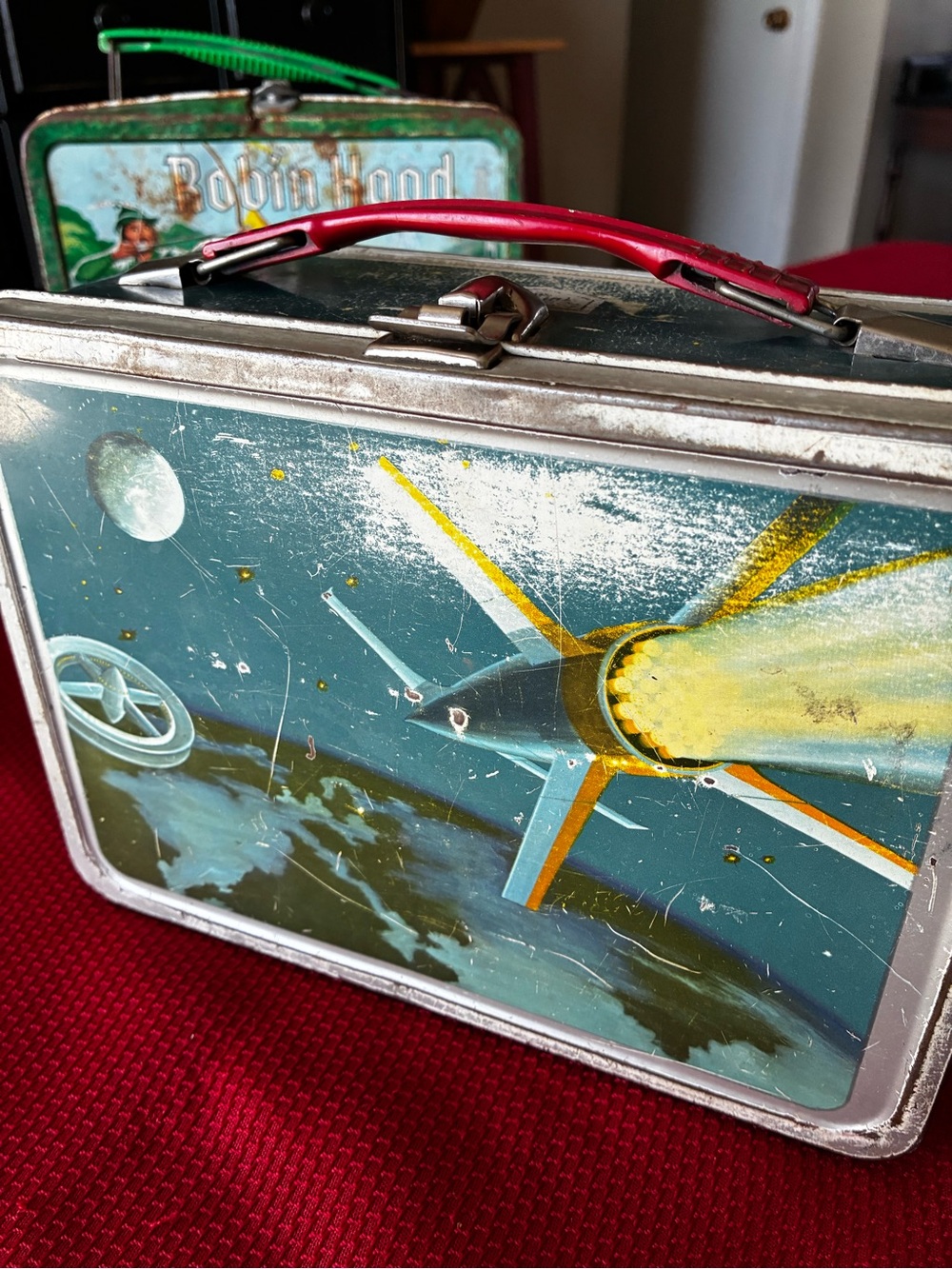 Vintage Rocket Space Art Metal Lunchbox - Blue & Yellow